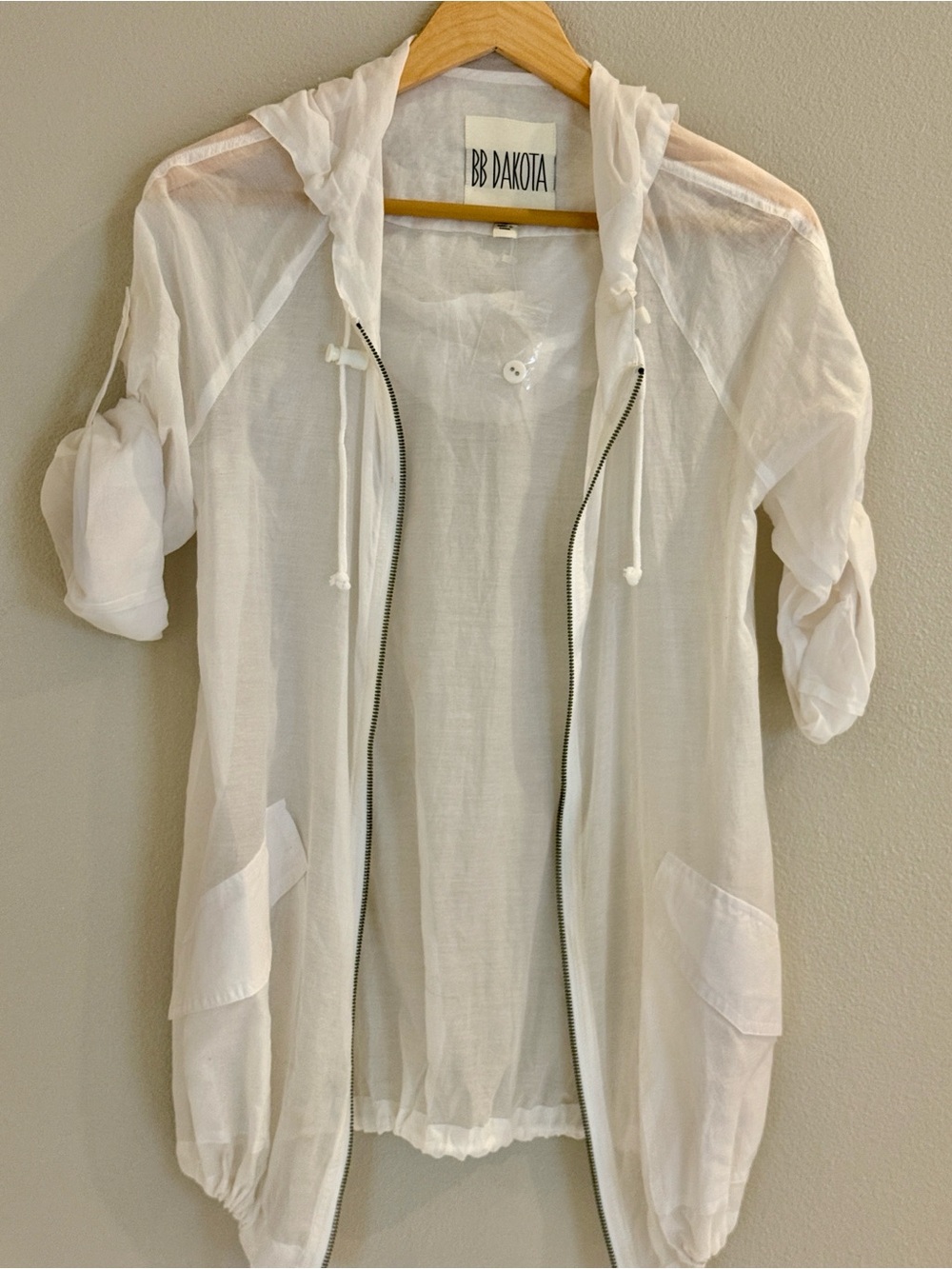BB Dakota Lightweight White Sheer Hooded Zip Jacket